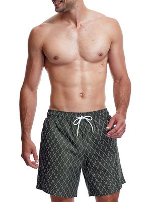 Men's Printed Drawstring Swim Shorts - Khaki White - Size Small - Khaki White - Size Small