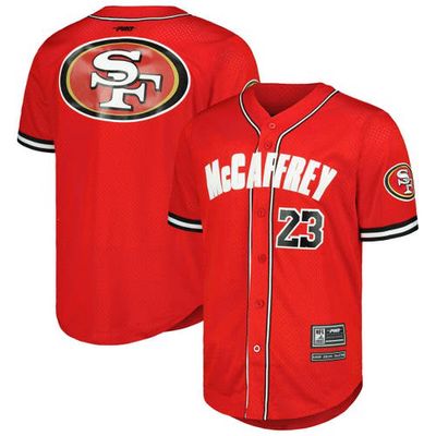 Men's Pro Standard Christian McCaffrey Scarlet San Francisco 49ers Mesh Baseball Button-Up T-Shirt