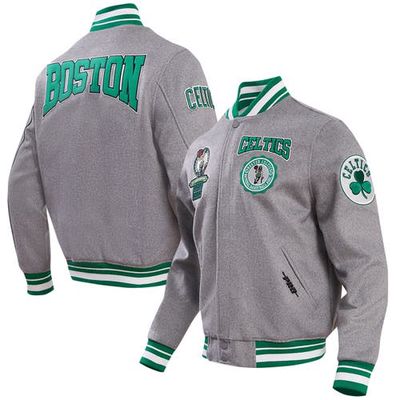 Men's Pro Standard Heather Gray Boston Celtics Crest Emblem Full-Snap Varsity Jacket