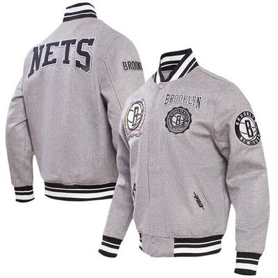 Men's Pro Standard Heather Gray Brooklyn Nets Crest Emblem Full-Snap Varsity Jacket