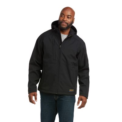 Men's Rebar Stretch Canvas Softshell Hooded Logo Jacket in Black/Lime, Size: Large_Tall by Ariat