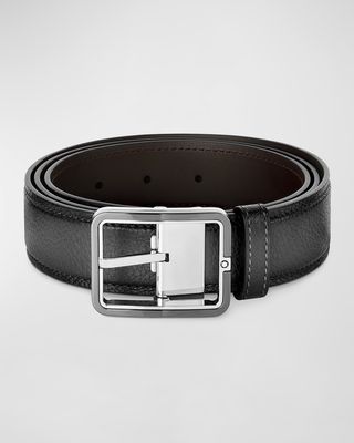 Men's Rectangle-Buckle Grained Leather Belt, 35mm