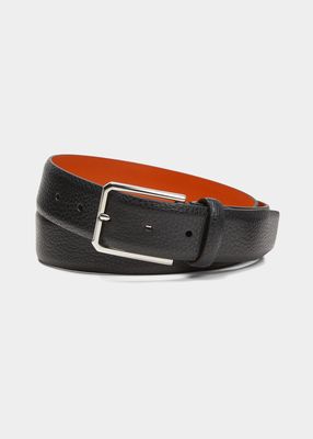 Men's Rectangle Buckle Grained Leather Belt