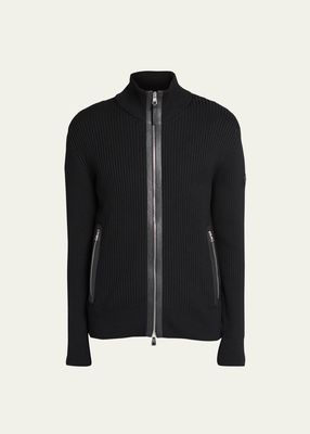 Men's Ribbed Cardigan with Leather Trim