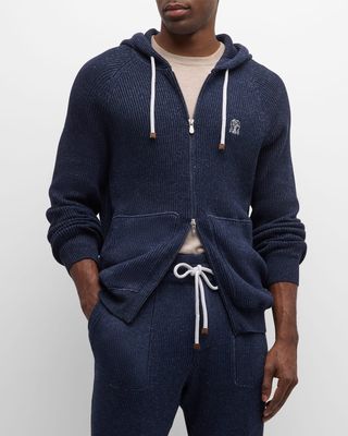 Men's Ribbed Cotton-Linen Hooded Full-Zip Sweater