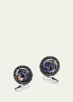 Men's Rotating World Globe Cufflinks with Black Diamonds