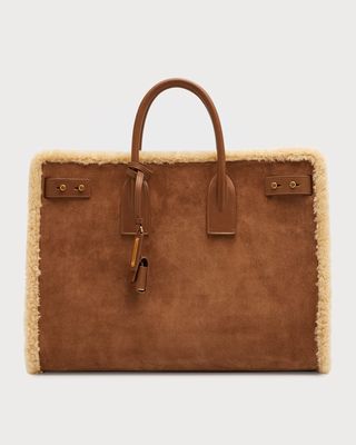 Men's Sac De Jour Shearling-Trim Leather Tote Bag