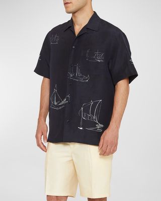 Men's Sail-Print Cotton Camp Shirt