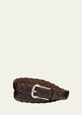 Men's Scratched Braided Calfskin Belt with Engraved Buckle