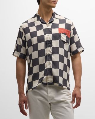 Men's Silk Broken Checker-Print Camp Shirt