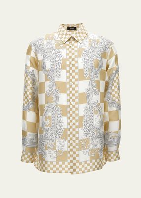 Men's Silk Twill Medusa Check Sport Shirt