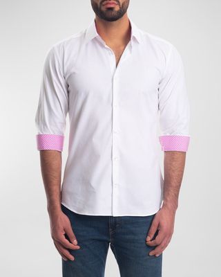 Men's Solid Button-Down Shirt with Gingham Cuffs