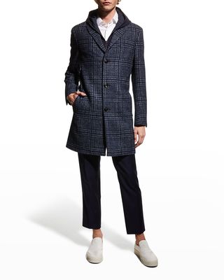 Men's Spencer Plaid Overcoat w/ Hooded Bib