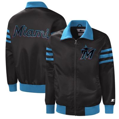 Men's Starter Black Miami Marlins The Captain II Full-Zip Varsity Jacket