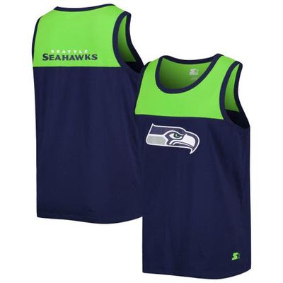 Men's Starter College Navy/Neon Green Seattle Seahawks Logo Touchdown Fashion Tank Top