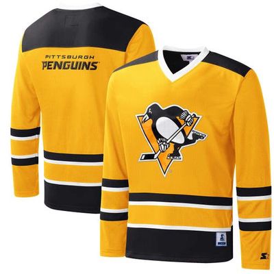 Men's Starter Gold/Black Pittsburgh Penguins Cross Check Jersey V-Neck Long Sleeve T-Shirt