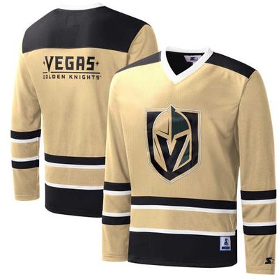 Men's Starter Gold/Black Vegas Golden Knights Cross Check Jersey V-Neck Long Sleeve T-Shirt