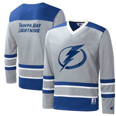 Men's Starter Gray/Blue Tampa Bay Lightning Cross Check Jersey V-Neck Long Sleeve T-Shirt