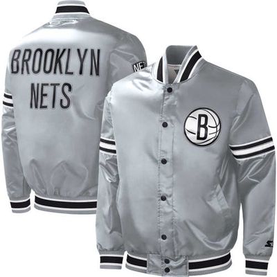 Men's Starter Gray Brooklyn Nets Slider Satin Full-Snap Varsity Jacket