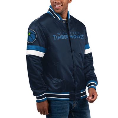 Men's Starter Navy Minnesota Timberwolves Home Game Satin Full-Snap Varsity Jacket