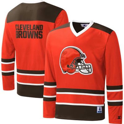 Men's Starter Orange Cleveland Browns Cross-Check V-Neck Long Sleeve T-Shirt
