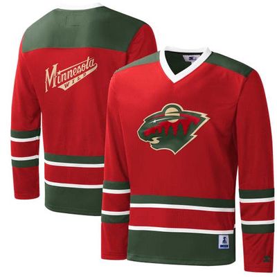 Men's Starter Red/Green Minnesota Wild Cross Check Jersey V-Neck Long Sleeve T-Shirt