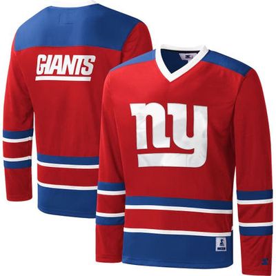 Men's Starter Red New York Giants Cross-Check V-Neck Long Sleeve T-Shirt