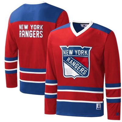 Men's Starter Red/Royal New York Rangers Cross Check Jersey V-Neck Long Sleeve T-Shirt