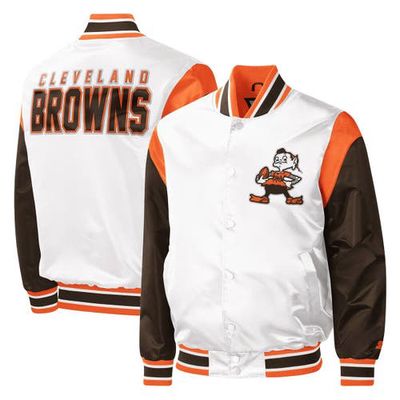 Men's Starter White Cleveland Browns Throwback Warm Up Pitch Satin Full-Snap Varsity Jacket