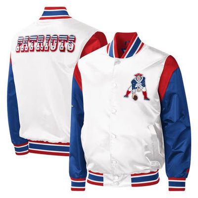 Men's Starter White New England Patriots Throwback Warm Up Pitch Satin Full-Snap Varsity Jacket