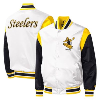 Men's Starter White Pittsburgh Steelers Throwback Warm Up Pitch Satin Full-Snap Varsity Jacket