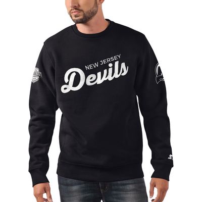 Men's Starter x NHL Black Ice Black New Jersey Devils Cross Check Pullover Sweatshirt