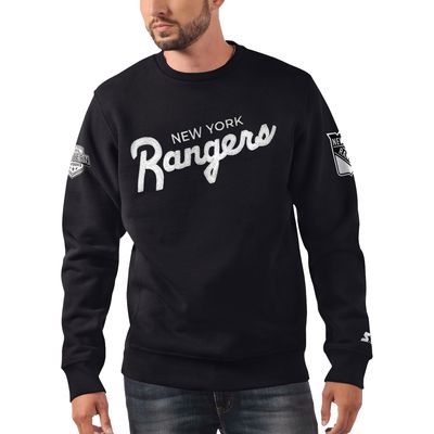 Men's Starter x NHL Black Ice Black New York Rangers Cross Check Pullover Sweatshirt