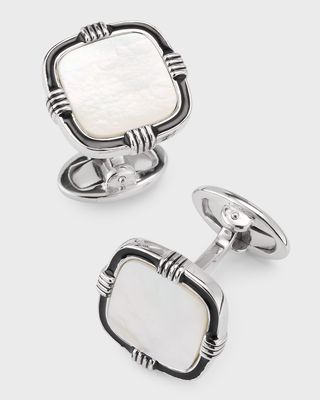 Men's Sterling Silver and Enamel Square Mother-Of-Pearl Cufflinks