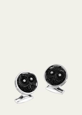 Men's Sterling Silver Carved Horn Owl Cufflinks with Diamonds