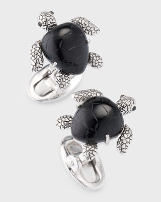 Men's Sterling Silver Hand-Carved Black Onyx Sea Turtle Cufflinks