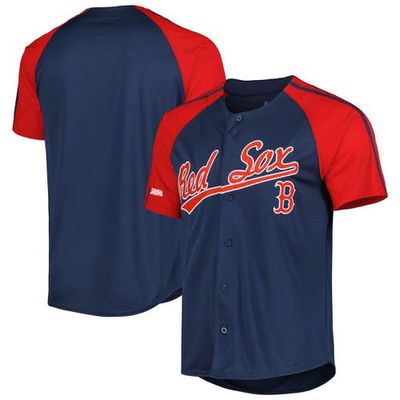 Men's Stitches Navy Boston Red Sox Button-Down Raglan Fashion Jersey
