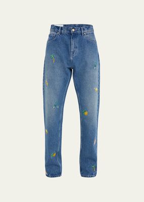 Men's Stonewashed Embroidered Motif Jeans