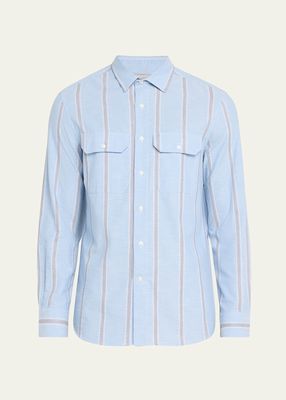 Men's Stripe Casual Button-Down Shirt with Pockets