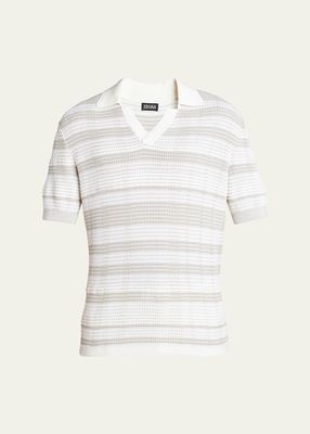 Men's Stripe Knit Short-Sleeve Polo Sweater