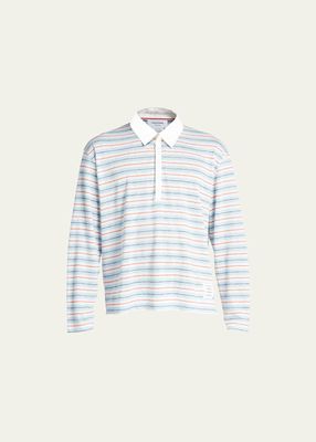 Men's Stripe Linen Jersey Long-Sleeve Polo Shirt