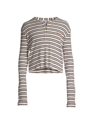 Men's Striped Cotton Henley - White Brown - Size XXL