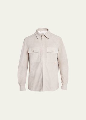Men's Suede Concealed Snap-Front Overshirt