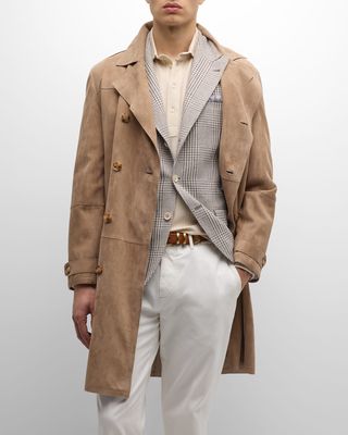 Men's Suede Double-Breasted Trench Coat