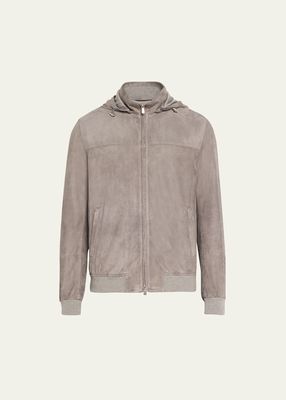 Men's Suede Hooded Full-Zip Bomber Jacket