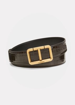 Men's T-Buckle Croc-Embossed Leather Belt