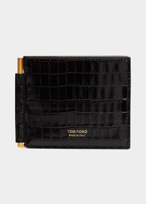 Men's T-Line Glossy Croc-Print Leather Money Clip Wallet