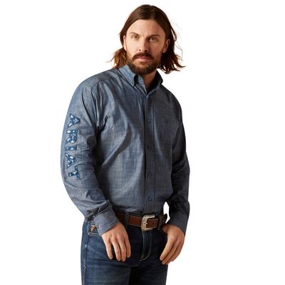 Men's Team Logo Chambrey Classic Fit Shirt in Blue Chambray, Size: Large_Tall by Ariat