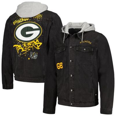 Men's The Wild Collective Black Green Bay Packers Hooded Full-Button Denim Jacket
