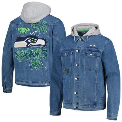 Men's The Wild Collective Seattle Seahawks Hooded Full-Button Denim Jacket in Blue